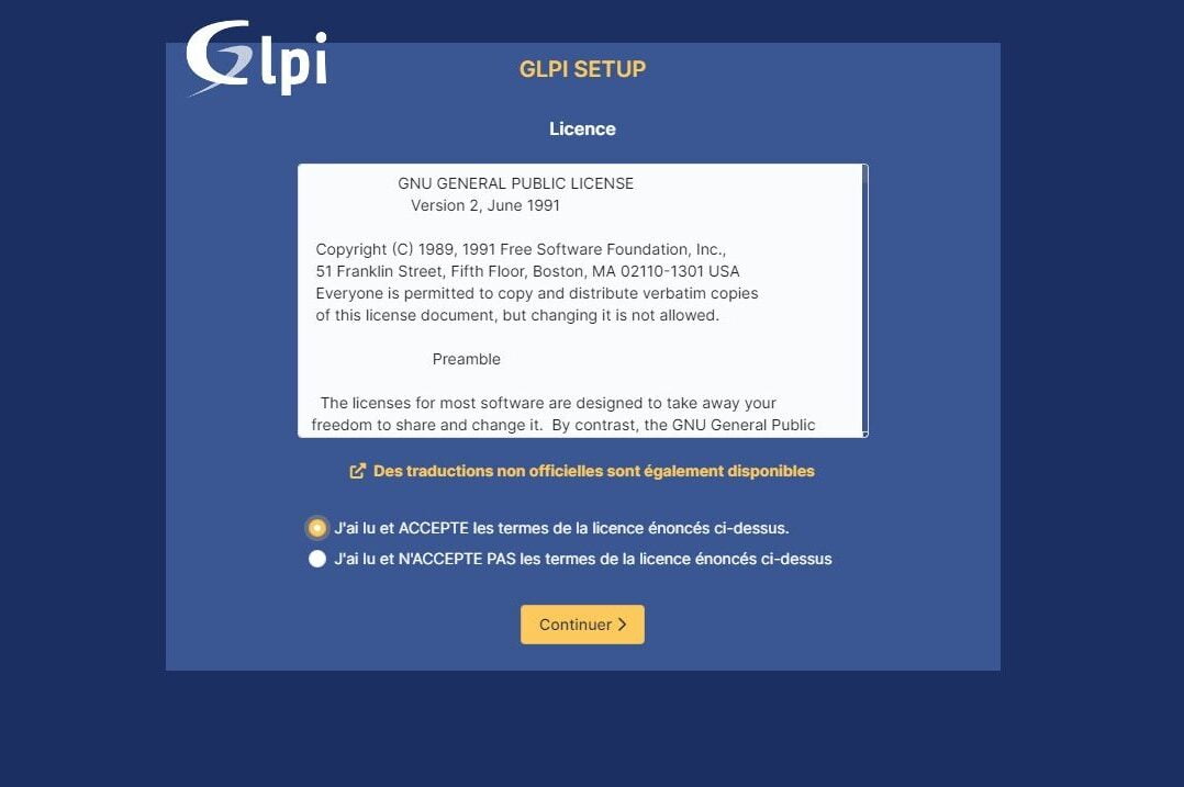 Accepter la license de GLPI 10