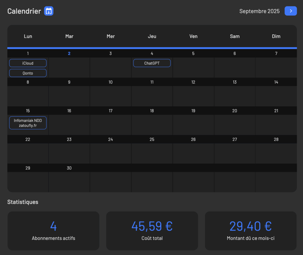 wallos page calendrier